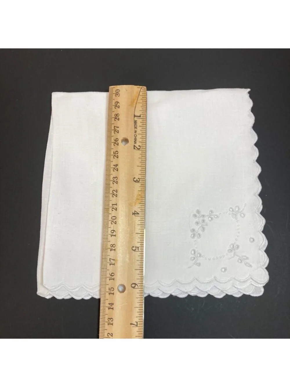 Vintage Linen Napkins White Embroidered Square 6.5 inches Flaws some Yellowing
